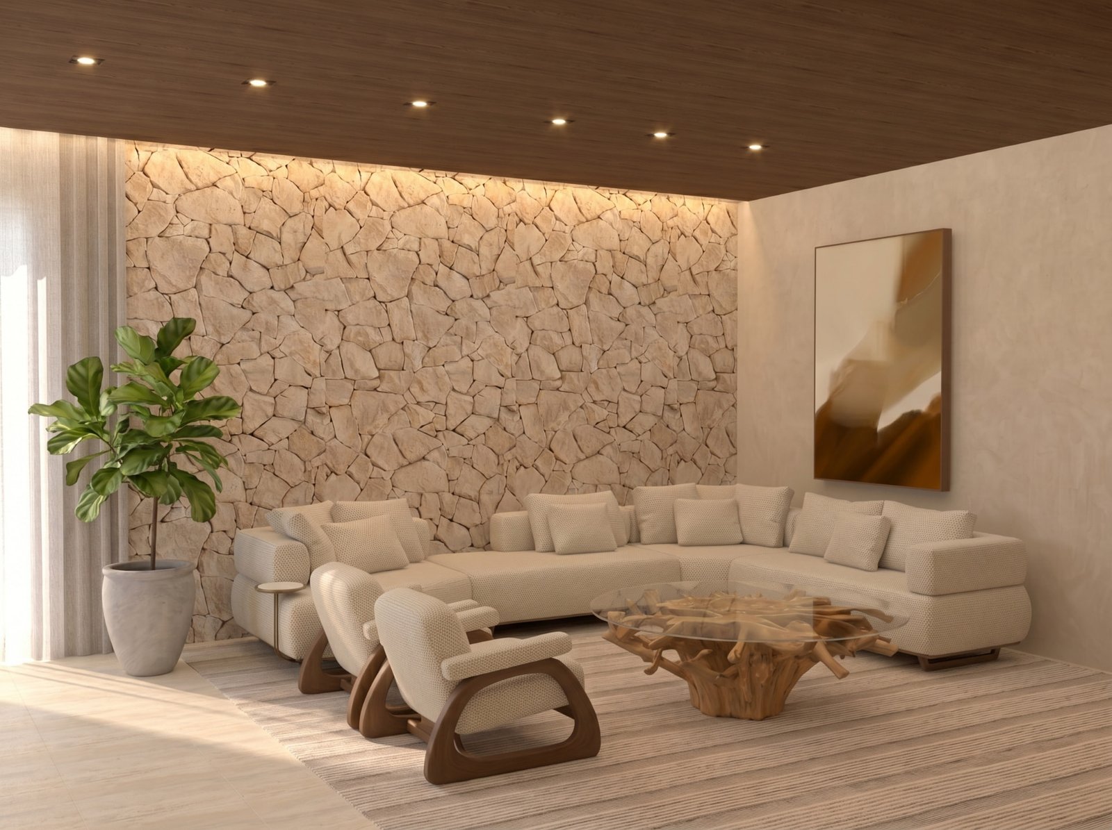 Sala de estar da Casa Duna com parede de pedra natural e sofá modular bege